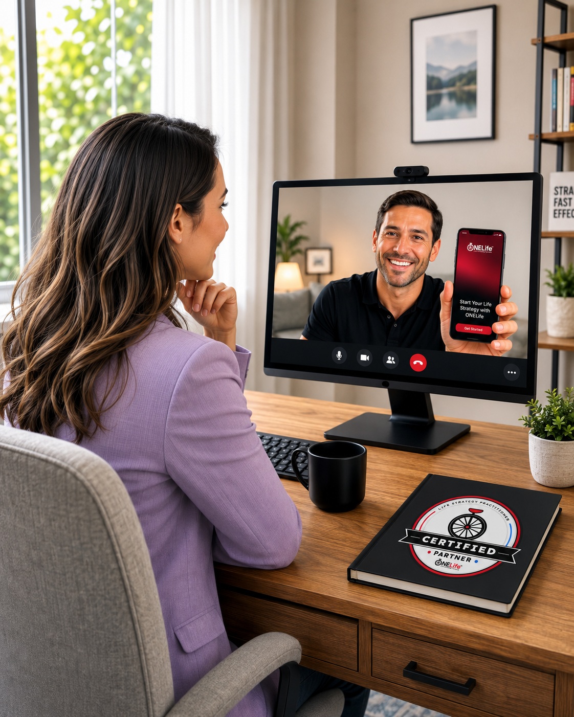 A coach on a video call showing a client the ONELife app on her phone